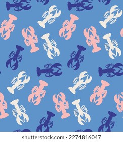 Abstract Lobsters Silhouettes Doodle Style Seamless Pattern Perfect for Allover Swimwear Fabric Print or Wrapping Paper Sea Creatures Illustration Trendy Fashion Colors Sky Blue Pastel Pink Tones