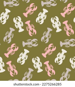 Abstract Lobsters Silhouettes Doodle Style Seamless Pattern Perfect for Allover Swimwear Fabric Print or Wrapping Paper Sea Creatures Illustration Trendy Fashion Colors Olive Green Tones