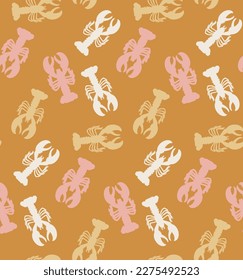 Abstract Lobsters Silhouettes Doodle Style Seamless Pattern Perfect for Allover Swimwear Fabric Print or Wrapping Paper Sea Creatures Illustration Trendy Fashion Colors Mustard Yellow Tones