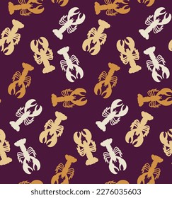 Abstract Lobsters Silhouettes Doodle Style Seamless Pattern Perfect for Allover Swimwear Fabric Print or Wrapping Paper Sea Creatures Illustration Trendy Fashion Colors Dark Purple Yellow Tones