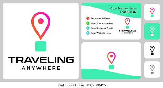 Abstract location and hot air balloon logo design with business card template.