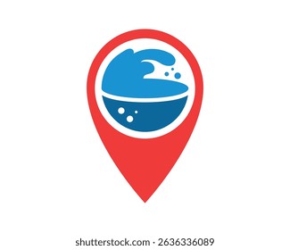 Abstract location icon featuring a stylized blue wave, suitable for travel, ocean, or navigation themes. Clean, modern design with a bright red locator pin shape.