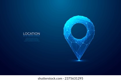 Abstract location pin. Digital gps light icon. Low poly wireframe vector illustration in futuristic hologram style on blue technology background. Travel and tourism locate concept with 3D effect. 