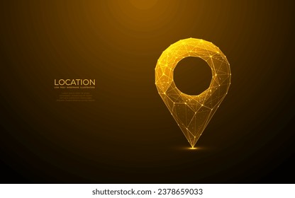 Abstract location pin. Digital GPS light golden icon. Low poly wireframe vector illustration in futuristic style with golden glitter. Travel and tourism locate concept with 3D effect. 