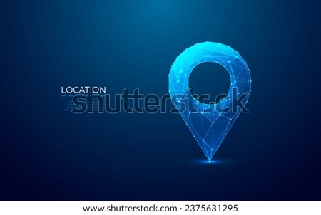 Abstract location pin. Digital gps light icon. Low poly wireframe vector illustration in futuristic hologram style on blue technology background. Travel and tourism locate concept with 3D effect. 