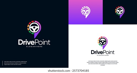 abstract location pin logo with steering wheel, digital repair service, automotive, graphic design inspiration.