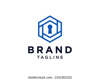 Abstract Lock Sign Cyber Security Logo. Blue Square Shape with Negative Space Keyhole inside. Usable for Business and Technology Logos. Flat Vector Design Template Element.
