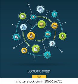 Abstract logistic and distribution background. Digital connect system with integrated circles, flat thin line icons, long shadows. Network interact interface concept. Vector infographic illustration