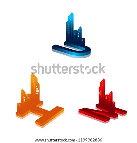 abstract logo with 3D display, logo with several letters and a combination of 3D buildings, logo for construction companies, architects, and interior design, logo for housing and urban buildings, worl