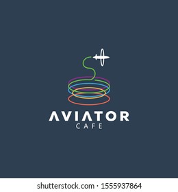 abstract logo aviator cafe, with line art mug and plane vector