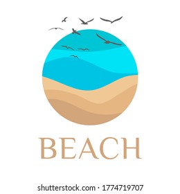 Abstract logo beach, sea, ocean, sun, sky, seagulls, resort template icon design vector. Sign, icon, symbol summer, enjoy, water waves, sand. Landscape horizon line. Vector illustration.