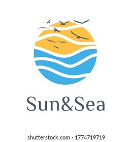 Abstract logo beach, sea, ocean, sun, sky, seagulls, resort template sign design vector. Sign, icon, symbol summer, enjoy, water waves, sand. Landscape horizon line. Vector illustration.