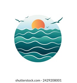 Abstract logo beach, sea, ocean, sun, sky, seagulls, resort template sign design vector. 