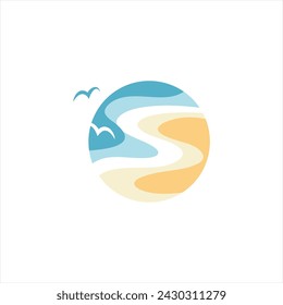 Abstract logo beach, sea, ocean, sun, sky, sand, resort template sign design vector. Sign, icon, symbol summer, enjoy, water waves, sand. Landscape horizon line. Vector illustration.