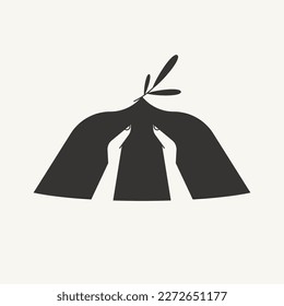 Abstract logo of bird flying out of hands. Peace dove with olive branch. Elegant vector illustration of geometric pigeon
