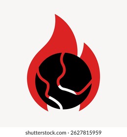 Abstract logo of a black globe with red flames. The globe design features bold red flames. The flames and globe create a striking visual impact. User interface icon vector.