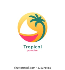 Abstract logo of a boat with palm. Vector icon ship in the sea with text isolated. Round emblems for design of business, holiday, travel agency, yachting club, voyage, round trip and cruise concept.
