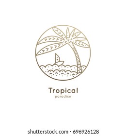 Abstract logo of a boat with palm. Vector icon ship in the sea. Round emblems for design of business, holiday, travel agency, yachting club, voyage, round trip and cruise concept.
