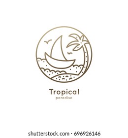 Abstract logo of a boat with palm. Vector icon ship in the sea with text isolated. Round emblems for design of business, holiday, travel agency, yachting club, voyage, round trip and cruise concept.