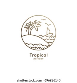 Abstract logo of a boat with palms on the island. Vector icon ship in the sea. Round emblems for design of business, holiday, travel agency, yachting club, voyage, round trip and cruise concept.