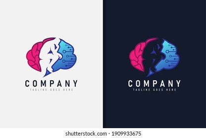 Logotipo de resumen con tecnología cerebral y combinación de pensamiento popular. Ilustración del logotipo del vector.