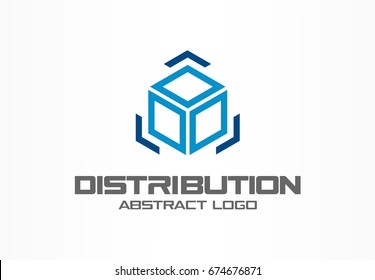 Abstract Logo For Business Company. Corporate Identity Design Element. Technology, Logistic, Distribution Logotype Idea. Cargo Box And Arrows Around, Delivery, Export, Integrate Concept. Vector Icon