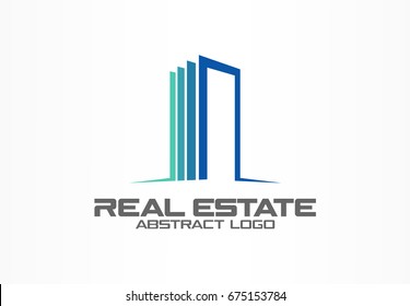 Abstract logo for business company. Corporate identity design element. Real estate service, construction, agent logotype idea. Growth skyscraper building concept, luxury apartment. Color Vector icon