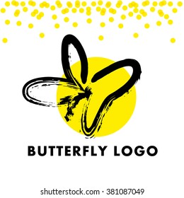 Abstract logo with butterfly character. Simple insect icon. Good for floral store, clothes shop, children toys store, artistic gallery, print design.
