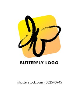 Abstract logo with butterfly character. Simple insect icon. Good for floral store, clothes shop, children toys store, artistic gallery, print design.