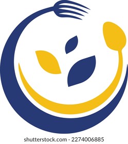 The abstract logo of a cafe or restaurant with a circle design is combined with a spoon and fork. Illustration of minimalist and elegant logo and icon vector with a simple outline with leaf.