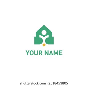 Un logotipo abstracto que combina los Elementos de una mezquita, una persona y una estrella presenta un diseño simbólico y armonioso. 