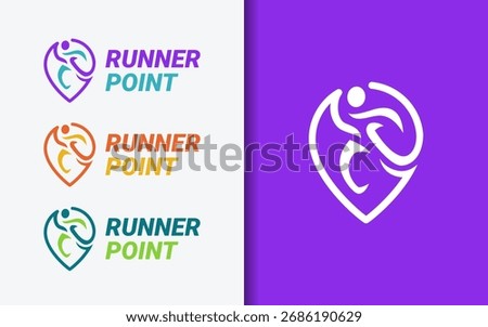 Abstract logo combining a location pin with a running person. Simple, minimalist design for sports, navigation, fitness, and community branding.