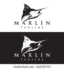 Abstract logo of creative swordfish or marlin fish silhouette.marlin jumping on water.