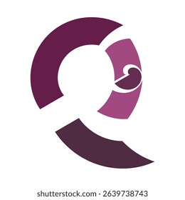 An abstract logo with a deconstructed Q shape in various shades of purple, featuring a smaller, stylized heart or swirl within one segment, on a white background.
