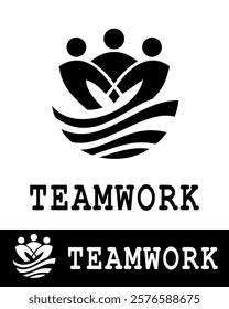 Abstract logo depicting teamwork and unity with three figures connected above wave-like shapes