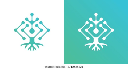 Ein abstraktes Logo, das einen Baum mit Wurzeln und Zweigen darstellt, die durch miteinander verbundene Knoten und Linien gebildet werden, die Technologie, Daten und Wachstum darstellen. Das Design ist modern und sauber, erscheint in beiden Metal