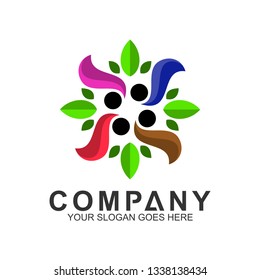 Abstract logo design of circular people with leaf shape. Logo element for social relationship, healthy and happy family, charity icon, human community care.