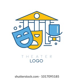 Abstract logo design with columns, hat-cylinder, bow tie, theatrical happy and sad masks. Creative line art with yellow and blue fill. Vector design for theater group