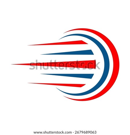 An abstract logo design featuring dynamic red, white, and blue lines streaking outwards from a curved circular shape, suggesting speed and motion.