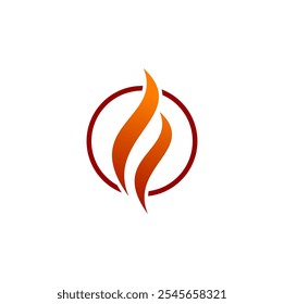 An abstract logo design featuring a flame within a circular frame.