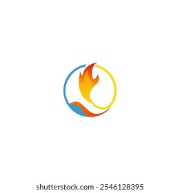 An abstract logo design featuring a flame and a wave within a circular frame.