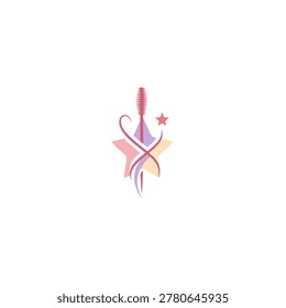 Abstract logo design featuring a mascara wand, a star, and swirling pastel ribbons. Represents beauty, makeup, and glamour.