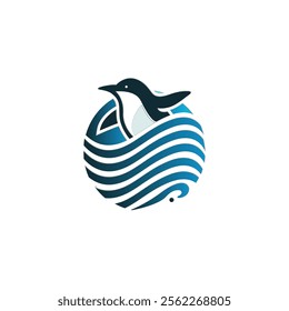 Abstract logo design featuring a penguin incorporated within a wave-style ocean representation, ideal for eco-conscious businesses and aquatic projects.