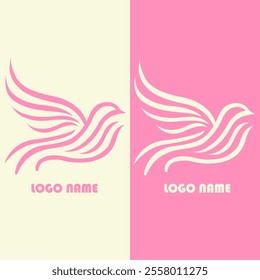 Abstract logo design featuring a stylized bird in soft pink tones, with flowing wing-like patterns. The design is shown on a split background: one side in pastel cream and the other in pastel pink