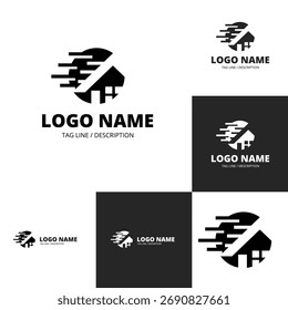 Abstractas diseño de logotipo con una casa estilizada con líneas de movimiento.