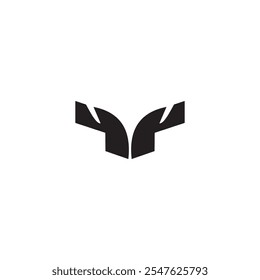 Ein abstraktes Logo-Design mit zwei gekrümmten Formen, die Händen oder Flügeln ähneln.