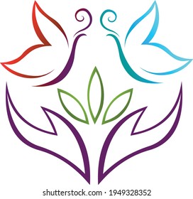 Abstract logo design, hands and butterfly stock illustration isolated in white background