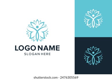 Diseño Abstractas del logotipo Vida saludable Bienestar. Combinación de hojas de estilo lineal y Personas que parecen mariposas aisladas sobre fondo blanco. Se puede utilizar para los logotipos de cosméticos, salud y belleza.