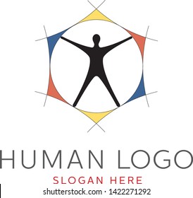 Abstract logo design with human figure in circle, quoting Leonardo DaVinci's drawing, in blue, yellow, red colors. Creative logo template for human rights, equality racism or human resource themes. 