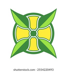 Abstract logo design illustration vector of bright green and yellow leaves with geometric shapes in a circular pattern. Ideal for eco-friendly, nature or sustainability concepts and projects.